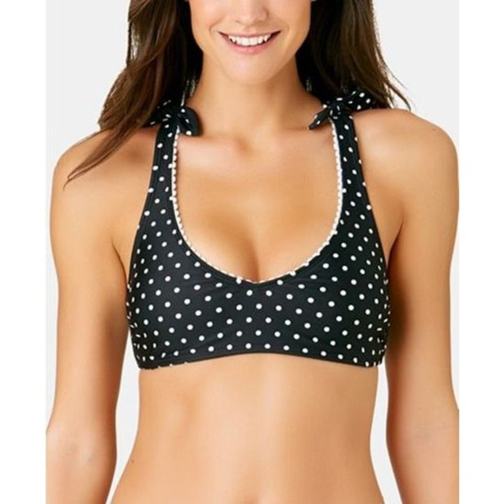 California Waves - Printed X-Back Bralette Bikini Top, Black Dot, Medium,‎ NWT